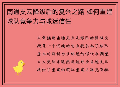 南通支云降级后的复兴之路 如何重建球队竞争力与球迷信任